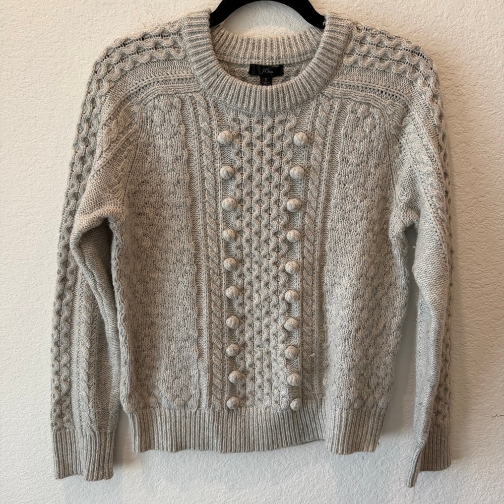 J.Crew Womens Gray Cable Knit Bobble Pom Pom Lambswool Blend Sweater Small